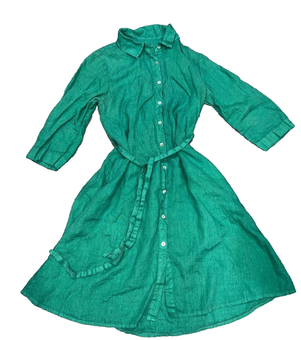 Piazza Roma linen midi buttons Women's Green A-Line Dress Medium A007064